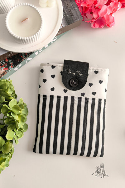 Flowery Paper Cepli Çizgili kalp Kitap Kılıfı,Çantası Kitap Ayracı Book Cover...