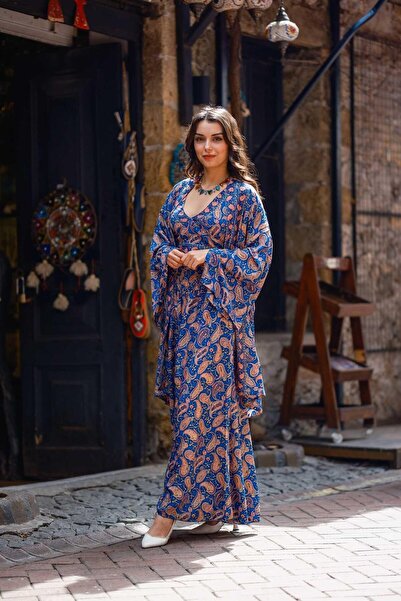 Miss Boheme Lacivert Renk İpek Pantolon Crop Kimono