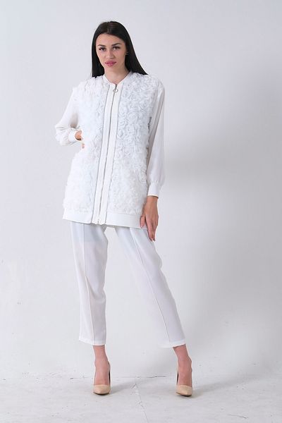 Feminist Floral Patterned Zippered Cardigan Trousers Suit White 4701268