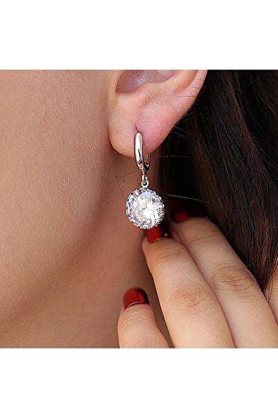 Takı Boom Büyük Beyaz Zirkon Taşlı Yuvarlak Gümüş Küpe