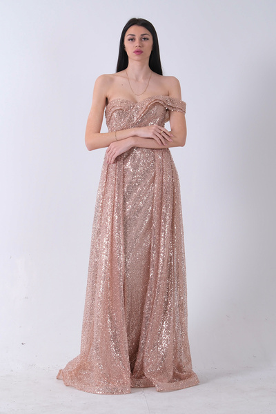 Feminist Düşük Omuz Pul Payetli Abiye Gold 9705499