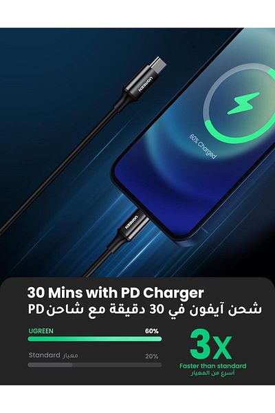 Ugreen USB-C to Lightning Charging Cable, 2 Meter, 2.4A, 20W PD, Compatible for iPhone, Black