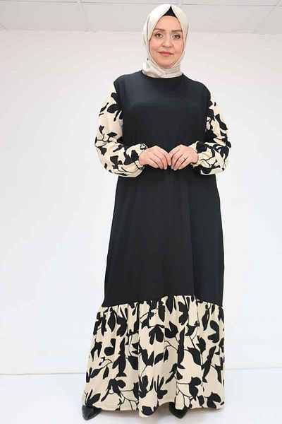 Eslina 52010 Plus Size Patterned Wrap Ruffle Dress - Beige-Black