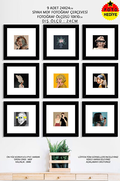 Bytwo 9 Adet 24x24 cm Siyah Fotoğraf Çerçevesi - 10x10 Foto Hediye - Mdf Çerç...