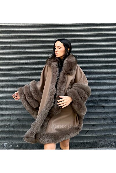 Furora Store Kadın kaşmir panço- Kürklü Oversize Panço- Kadın şal- Yünlü Şal