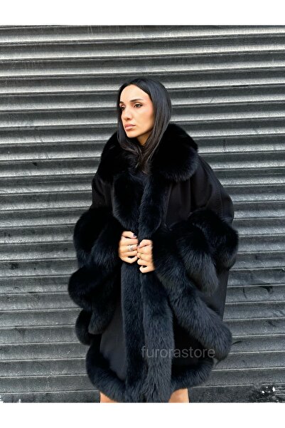 Furora Store Kadın kaşmir panço- Kürklü Oversize Panço- Kadın şal- Yünlü Şal