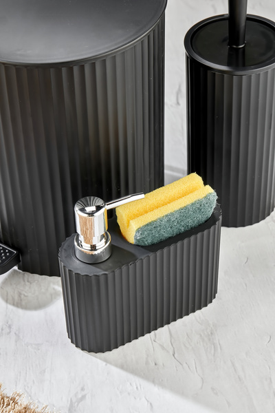 Homie 3 Parça Pedallı Banyo Seti - Pedallı Çizgili Yuvarlak Çöp Kovası WC Fırçası Süngerlikli Set