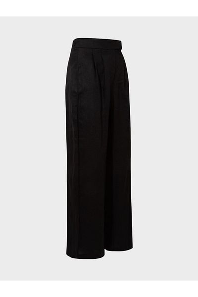 RİVUS High Waisted Ribbed Stitched Wide Leg Maxi Length Pleated Linen Trousers - Black