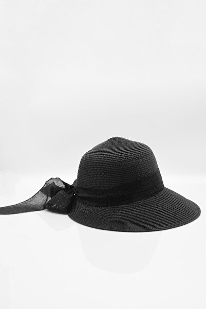 Külah Γυναικείο μαύρο ψάθινο καπέλο Λεπτομέρεια με φιόγκο