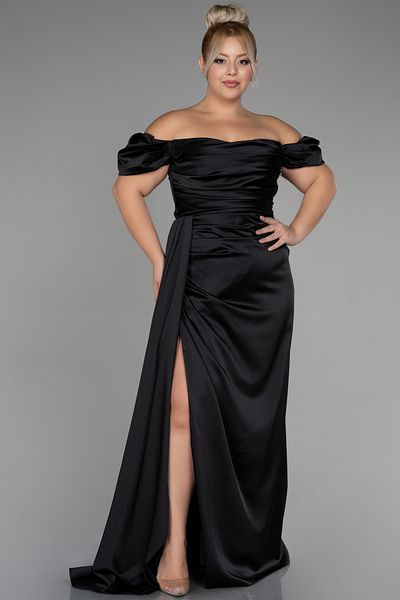 Abiyefon Black Long Boat Neck Leg Low-cut Satin Plus Size Evening Dress Abu1626
