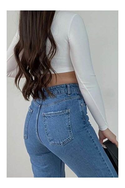 kotmodası Christian 90's Orta Mavi Palazzo Salaş Paça Süper Yüksek Bel Jean Pantolon