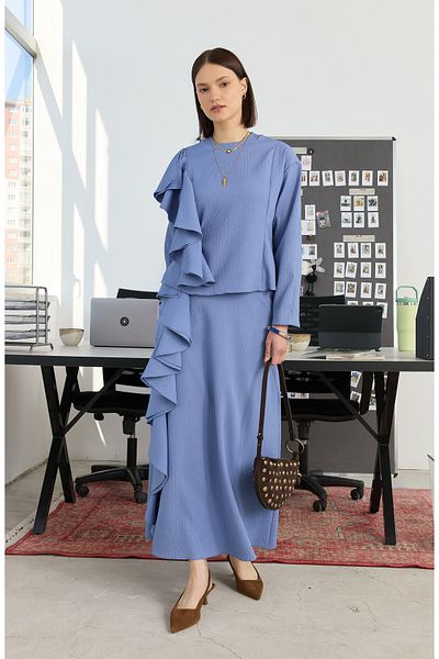 Fatma Atasoy Flounced Blue Skirt Blouse Set