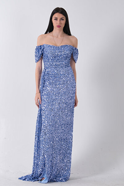 Feminist Drape ve Yırtmaç Detaylı Pul Payet Abiye Mavi 9705544