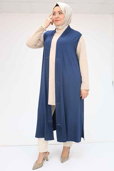 Eslina 54005 Large Size Placket Pleated Wear-Out Vest - Navy Blue