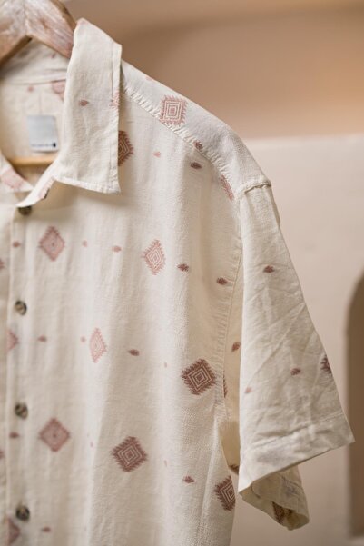 AKÇAYLAR Oversize (Loose Cut) Short Sleeve Patterned Summer Sports Linen Shirt