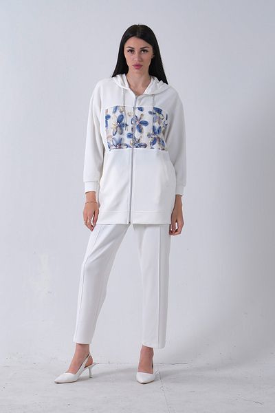 Feminist Side Pocket Floral Detailed Hooded Trousers Suit White 4703034