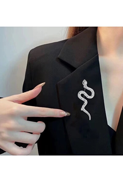 CAŞ DEKORASYON Gümüş Renk Yılan Figürlü Taşlıı Broş