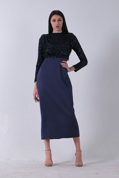 Feminist Top Sequin Embroidered Six Crepe Hijab Evening Dress Navy Blue 6502503