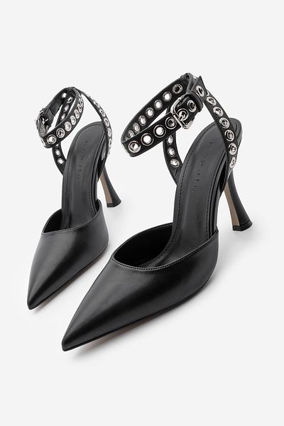 Marjin Schwarze Damen-Stiletto-Schuhe mit Trock, Knöchelriemen und offenem Rücken