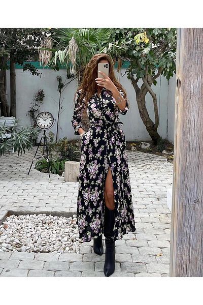 Natavanbutık Μακρύ μαύρο φόρεμα με floral σχέδιο