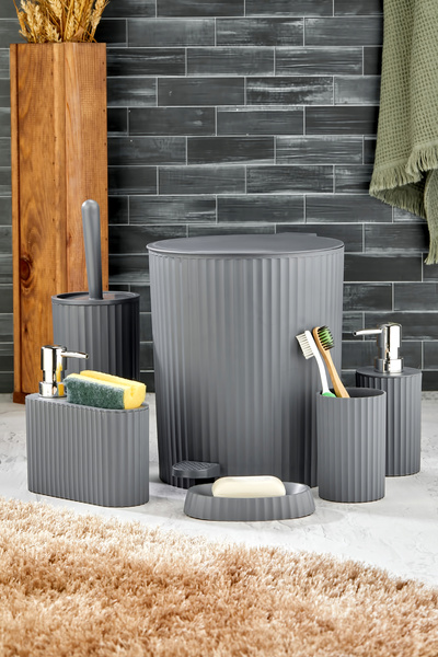 Homie ESTE- 6 Parça Pedallı Banyo Seti - Yuvarlak Çöp Kovası WC Fırçası Sıvı-...