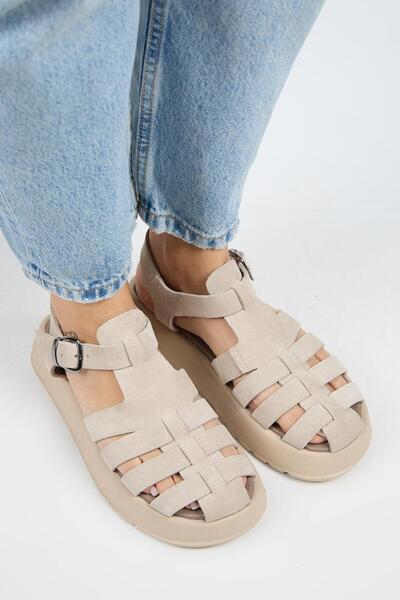 Manijero Rosa Women's Genuine Leather Beige Sandals with Buckle