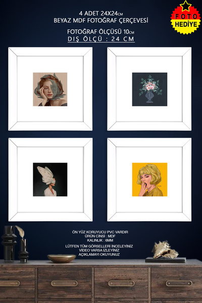bymat 4 Adet 24x24 cm Beyaz Fotoğraf Çerçevesi - 10x10 Foto Hediye - Mdf Çerç...