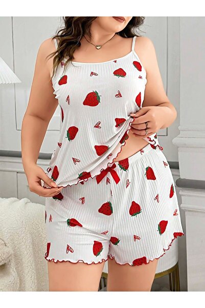 Büyük Beden Kadın Kiraz Desenli Pijama Takımı 13040