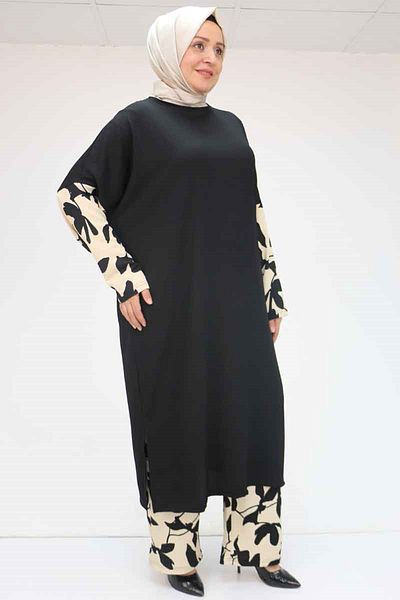 Eslina 57015 Large Size Wrap Suit with Combination Trousers - Beige-Black