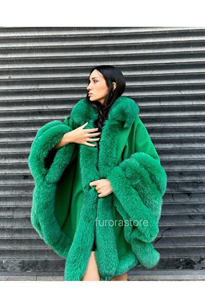 Furora Store Kadın kaşmir panço- Kürklü Oversize Panço- Kadın şal- Yünlü Şal