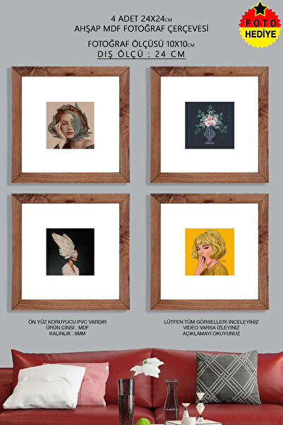bymat 4 Adet 24x24 cm Ahşap Fotoğraf Çerçevesi - 10x10 Foto Hediye - Mdf Çerç...
