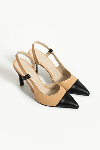 Seniorah Celestia Beige Black Skin Women's Pointed Toe Heeled Shoes