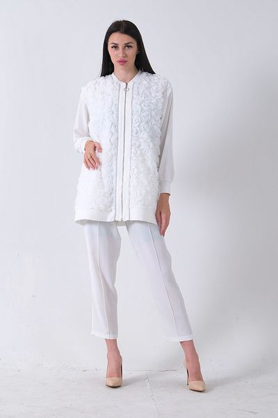Feminist Floral Patterned Zippered Cardigan Trousers Suit White 4701268