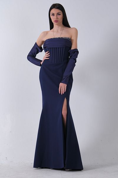 Feminist Navy Blue 9705446   Detailed Processing Evening Dress with Breast Stone