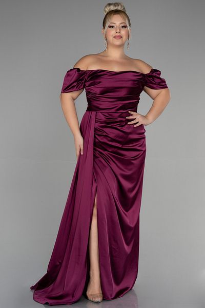 Abiyefon Long Cherry Boat Neck Leg Low-cut Satin Plus Size Evening Dress Abu1626