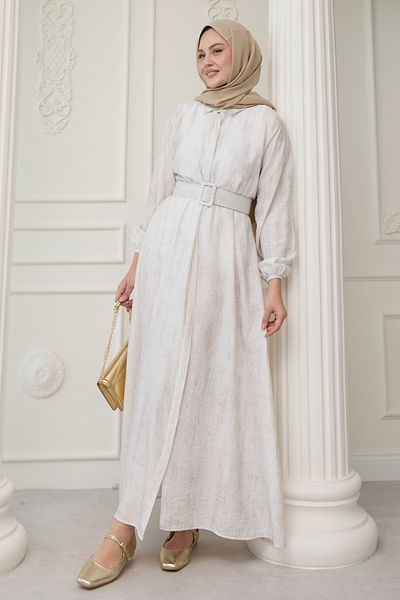 InStyle Shirt Collar Belted Plain Ecru Dress