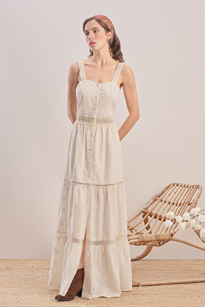 Mavlo Soft Rose Nakışlı Koton Maxi Elbise