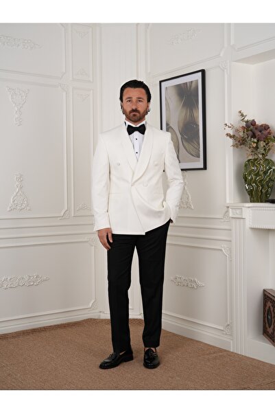 PAREZ Premium Erkek Slim Fit İtalyan Stil  Kruvaze Smokin Şal Yaka Damatlık Ceket Pantolon Papyon