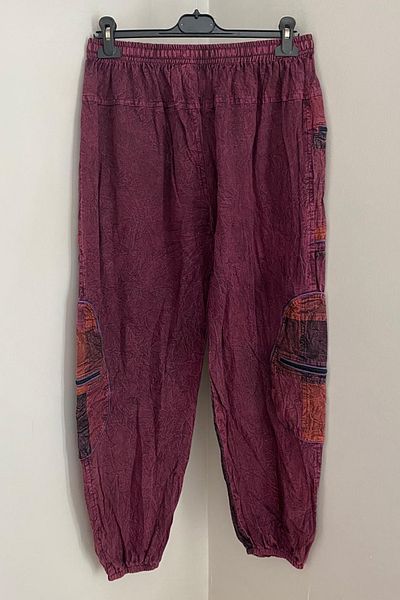 AYASOFYA OTANTIK Unisex Nepalese Burgundy Ethnic Loose Hippie Bohemian Trousers with Elastic Waist and Cuffs and Zipper Pockets