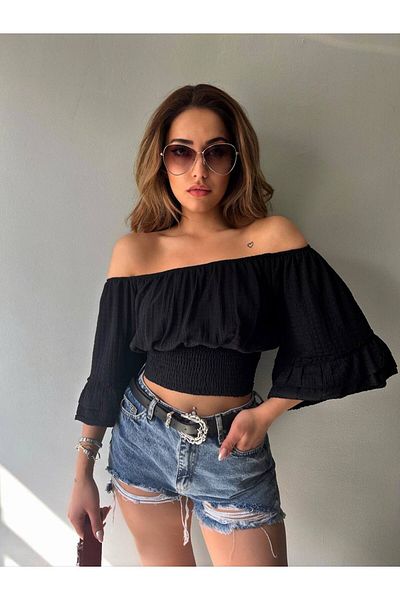 Fav Style Γυναικεία μπλούζα με γιακά Madonna με γιακά μέση - Μαύρη