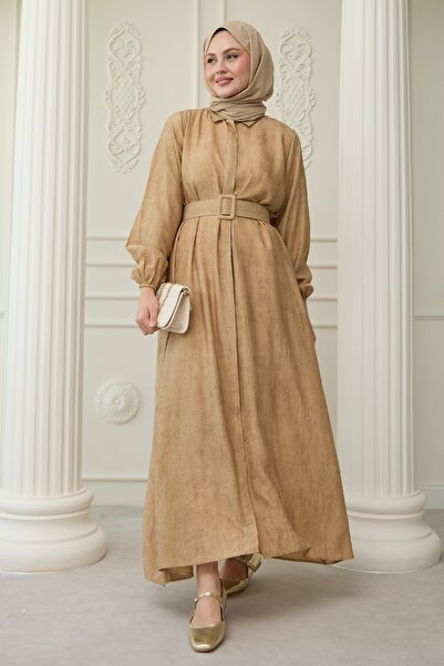 InStyle Πουκάμισο γιακά Ζώνη ίσιο φόρεμα Camel