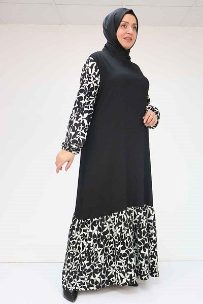 Eslina 52010 فستان منقوش بمقاسات كبيرة ومكشكش من الأسفل - إكرو-أسود