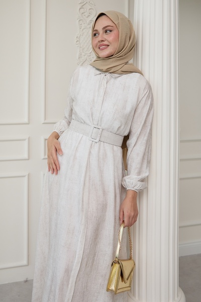 InStyle Сукня з сорочковим коміром на поясі однотонна екрю