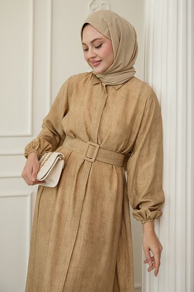 InStyle Πουκάμισο γιακά Ζώνη ίσιο φόρεμα Camel