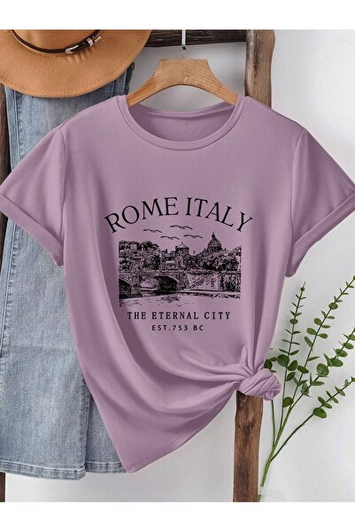 OVER HEAD تي شيرت نسائي روما إيطاليا 753 مطبوع كبير الحجم