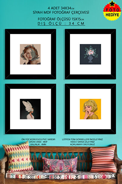 bymat 4 Adet 34x34 cm Siyah Fotoğraf Çerçevesi - 15x15 Foto Hediye - Mdf Çerç...