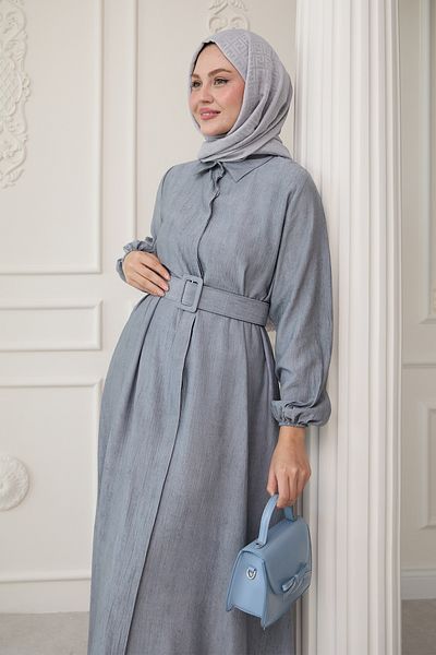 InStyle Πουκάμισο ίσιο γκρι φόρεμα με ζώνη γιακά