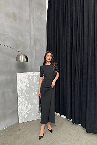 Deafox Černé importované krepové šaty s melounovým rukávem na zip Midi délka