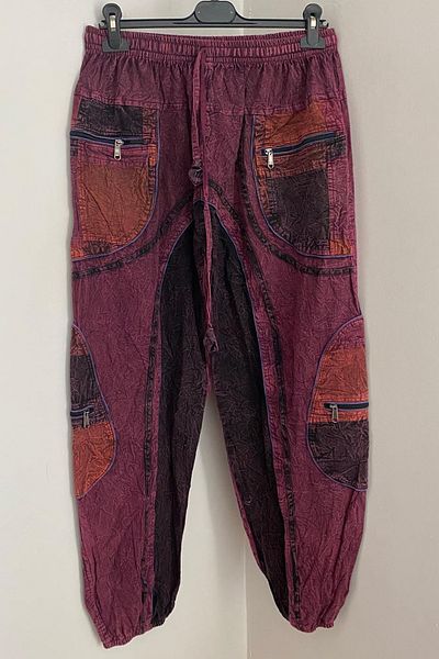 AYASOFYA OTANTIK Unisex Nepalese Burgundy Ethnic Loose Hippie Bohemian Trousers with Elastic Waist and Cuffs and Zipper Pockets