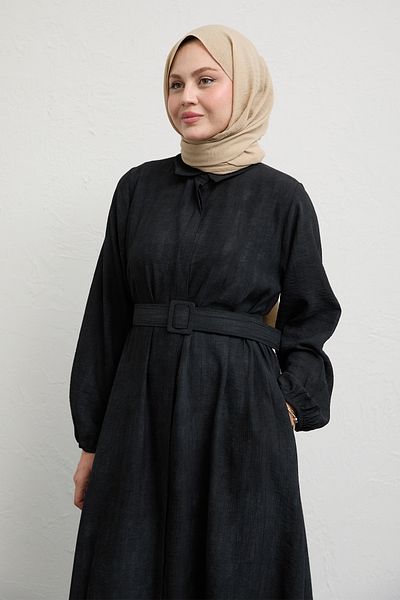InStyle Πουκάμισο γιακά Ζώνη Απλό Μαύρο Φόρεμα
